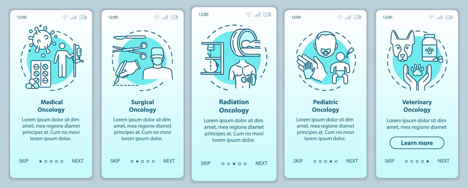 Oncology onboarding pantalla de la página de la aplicación móvil con conceptos. Oncologia medica. Tutorial de tratamiento de cáncer con instrucciones gráficas de cinco pasos. cirugía. plantilla de vector de interfaz de usuario con ilustraciones en color rgb