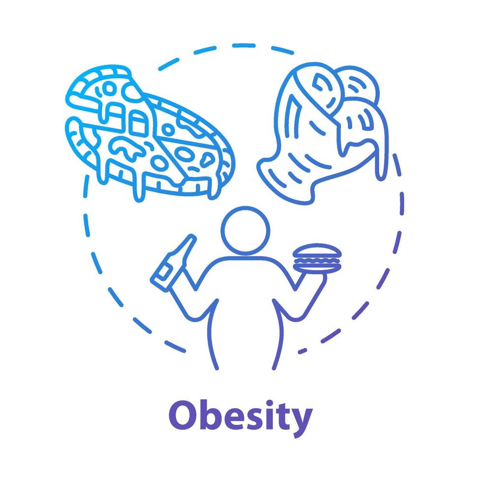 icono del concepto de obesidad. Hábitos alimenticios poco saludables. persona con sobrepeso. calorías de la comida rápida. problema de peso. Ilustración de línea fina de idea de consumo excesivo. Vector contorno aislado dibujo a color rgb