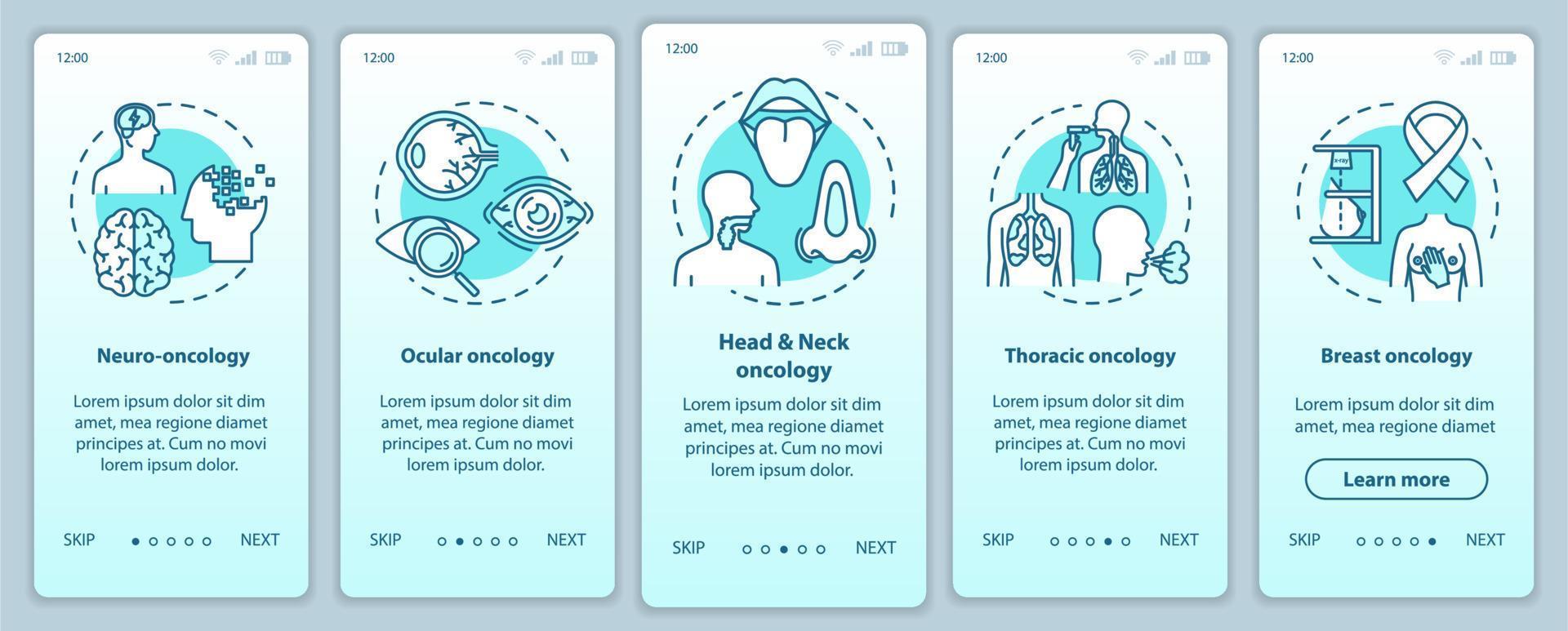 Oncology onboarding mobile app page screen with concepts. Thoracic cancer. Cancer treatment walkthrough five steps graphic instructions. Ocular oncology. UI vector template, RGB color illustrations