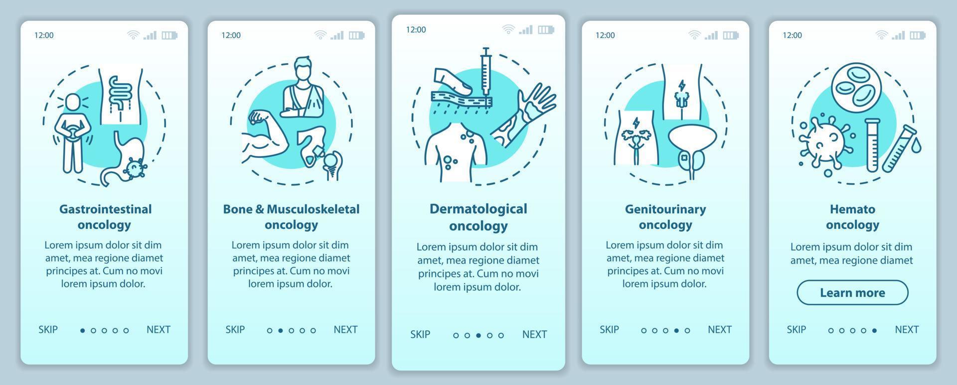 Oncology onboarding pantalla de la página de la aplicación móvil con conceptos. Tutorial de tratamiento de cáncer con instrucciones gráficas de cinco pasos. oncología genitourinaria. plantilla de vector de interfaz de usuario con ilustraciones en color rgb