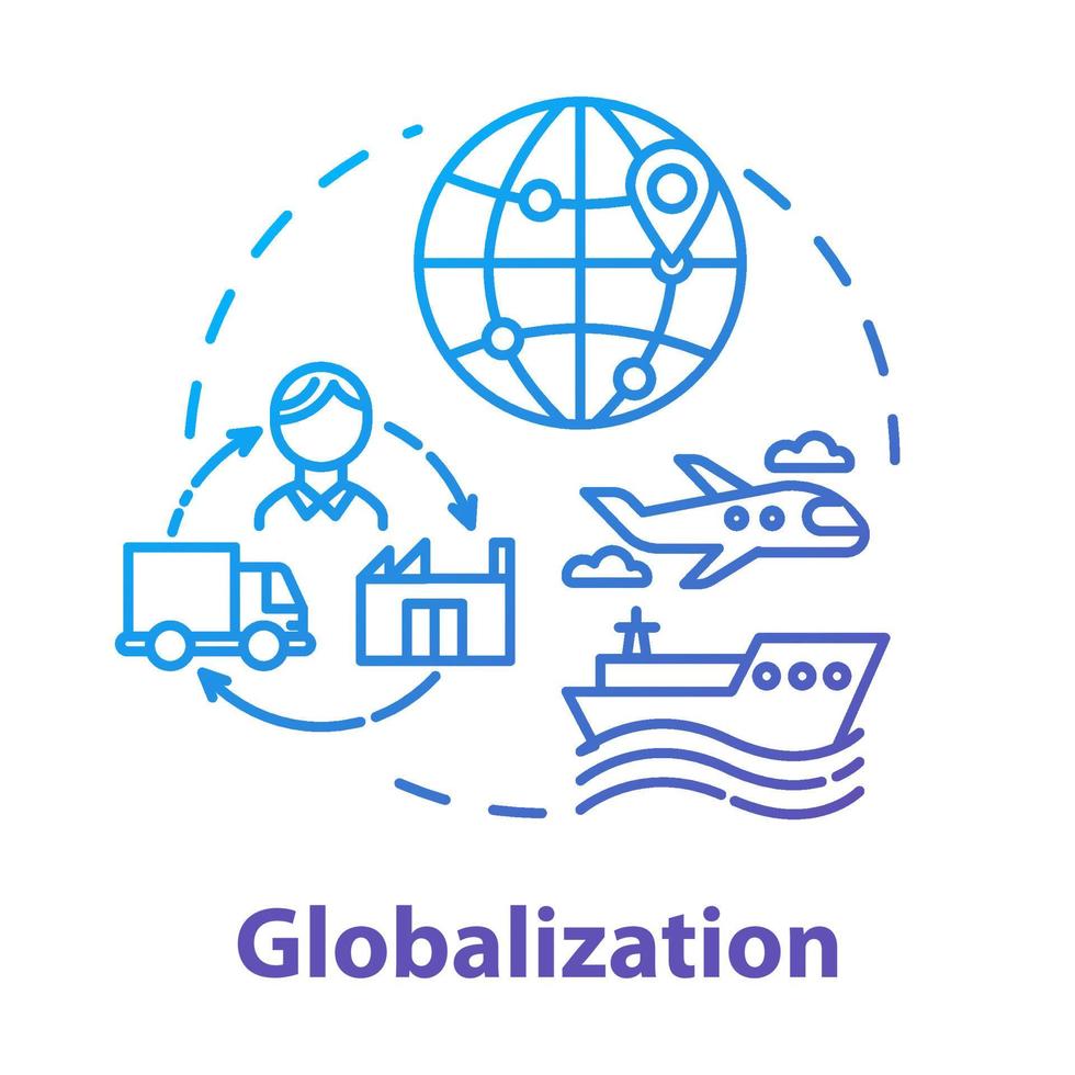 Globalization concept icon. International economy. Global distribution. Market expansion. Worldwide commerce and retail idea thin line illustration. Vector isolated outline RGB color drawing