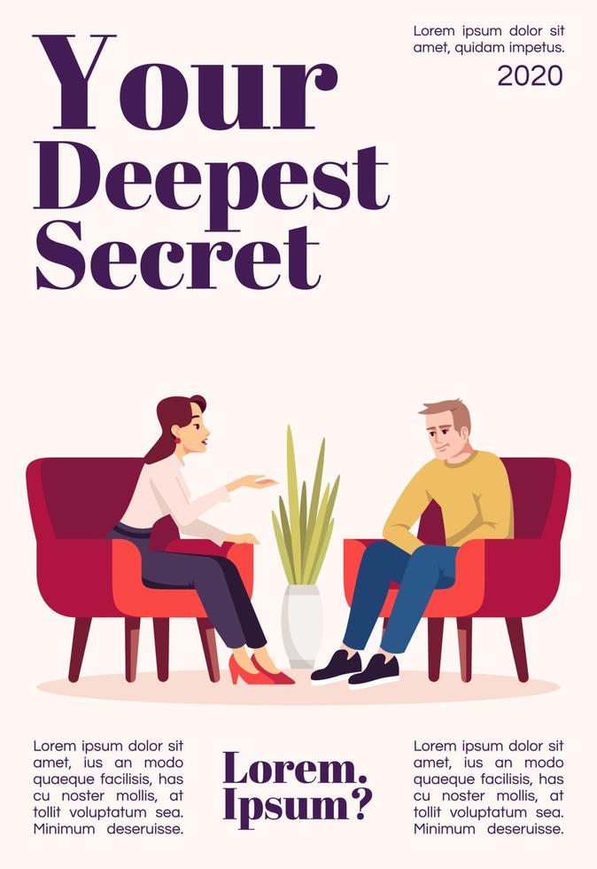 Your deepest secret magazine cover template. Psychology consultation. Talk therapy. Journal mockup design. Vector page layout with flat character. Advertising cartoon illustration with text space