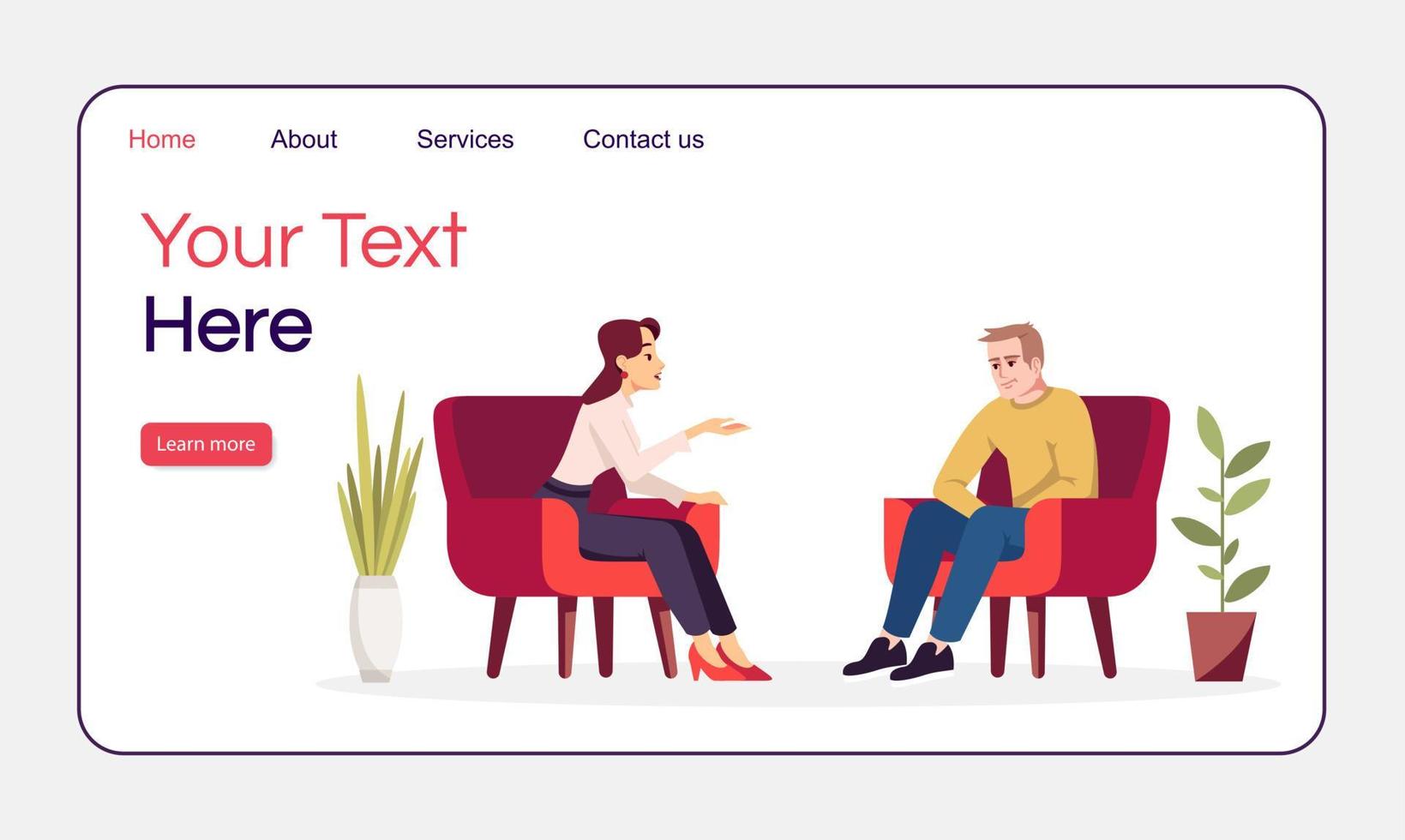 Therapy session landing page vector template. Couple in armchairs. Psychology consultation website interface idea with flat illustrations. Homepage layout. Web banner, webpage cartoon concept