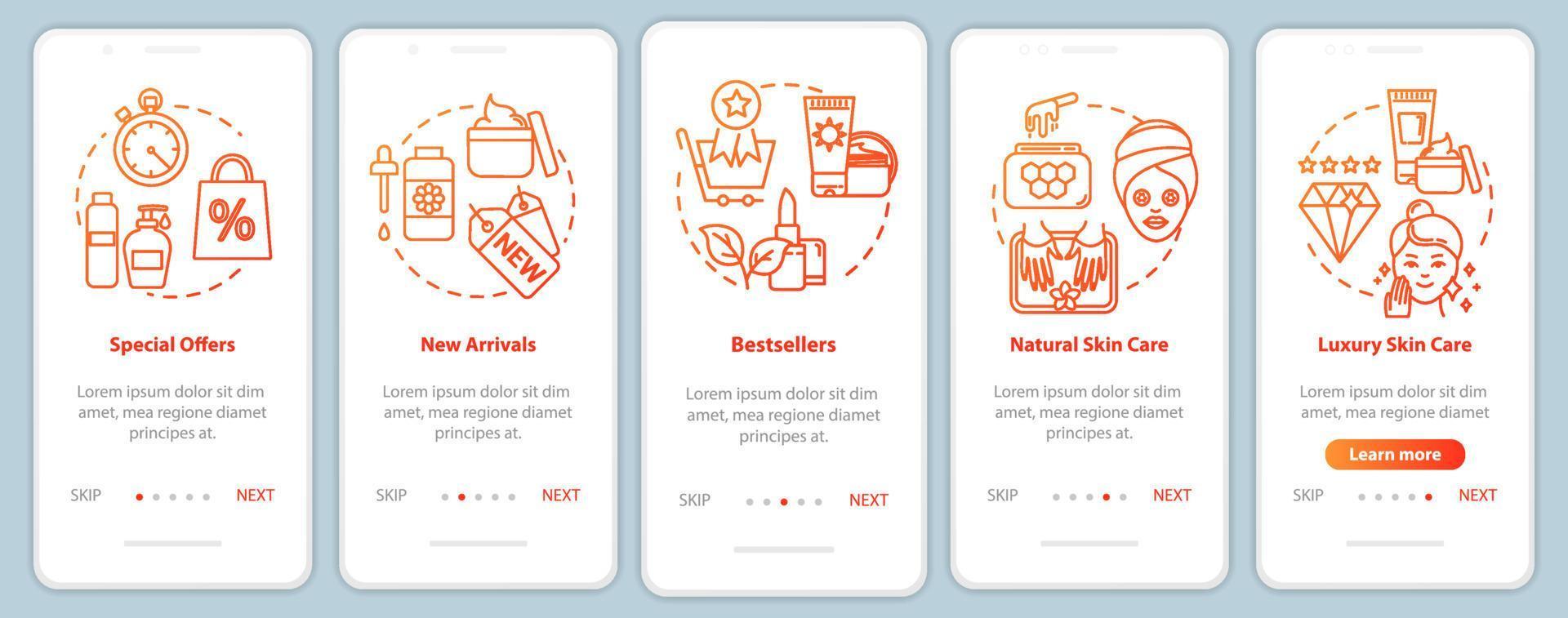 skicare onboarding pantalla de la página de la aplicación móvil con conceptos. bestsellers y ofertas especiales. Tutorial de productos cosméticos Instrucciones gráficas de 5 pasos. plantilla de vector de interfaz de usuario con ilustraciones en color rgb