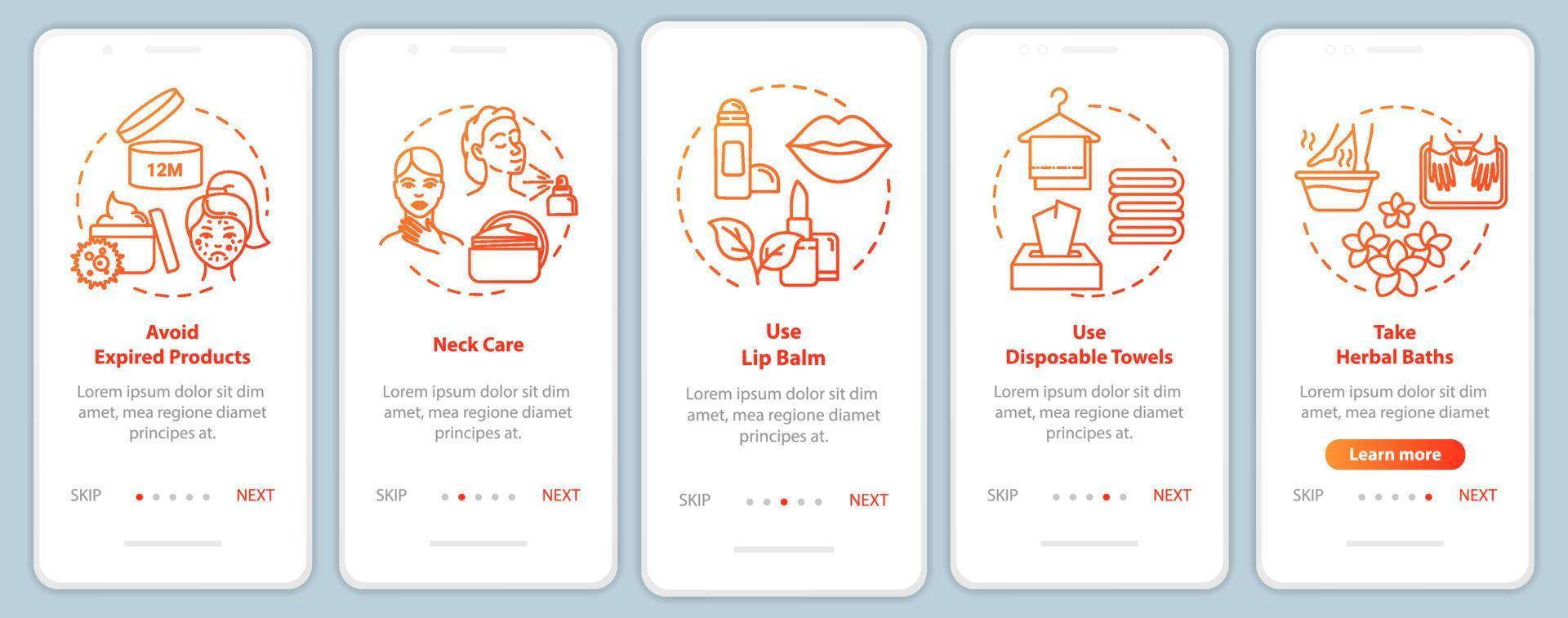 Skicare onboarding mobile app page screen with concepts. Cosmetic products. Cosmetology and beauty walkthrough 5 steps graphic instructions. UI vector template with RGB color illustrations