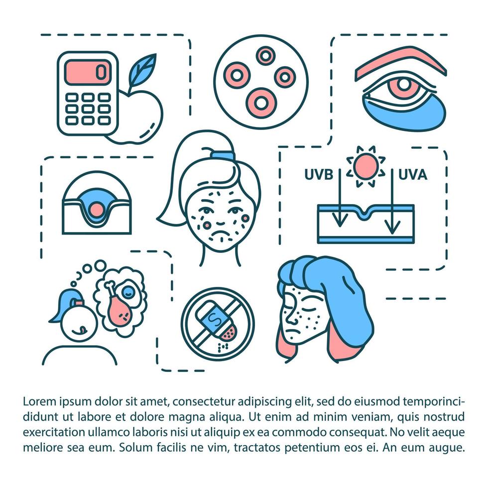 Problem skin concept icon with text. Pimple treatment. Unhealthy diet. UV damage. Dermatology. PPT page vector template. Brochure, magazine, booklet design element with linear illustrations