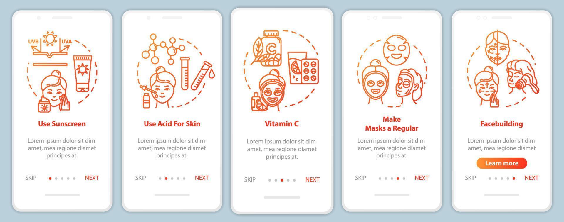 skicare onboarding pantalla de la página de la aplicación móvil con conceptos. construcción facial, mascarillas faciales regulares. Tutorial de cosmetología Instrucciones gráficas de 5 pasos. plantilla de vector de interfaz de usuario con ilustraciones en color rgb