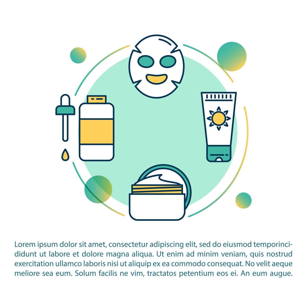 Skincare products concept icon with text. Face sheet mask. Essential oil. Sunscreen and cream. PPT page vector template. Brochure, magazine, booklet design element with linear illustrations