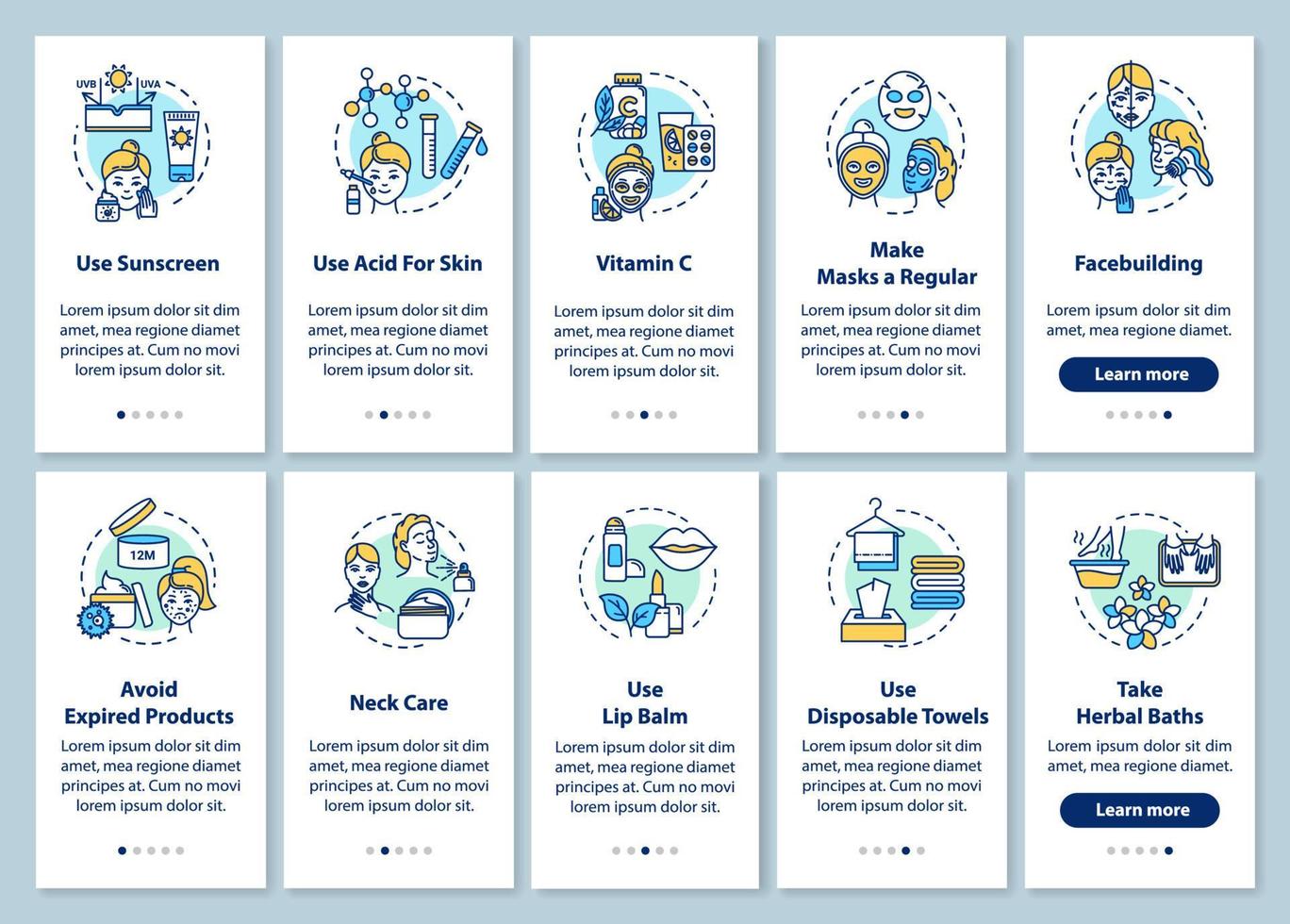 Skicare onboarding mobile app page screen with concepts. Cosmetic products. Dermatology and cosmetology walkthrough 5 steps graphic instructions. UI vector template with RGB color illustrations