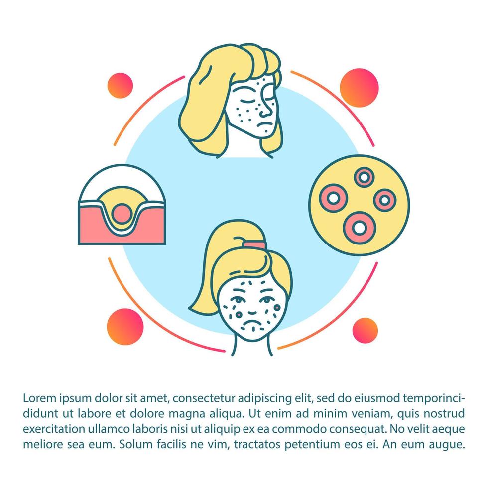 Problem skin concept icon with text. Irritation spots on female face. Pimples and acne. Chemical damage. PPT page vector template. Brochure, magazine, booklet design element with linear illustrations