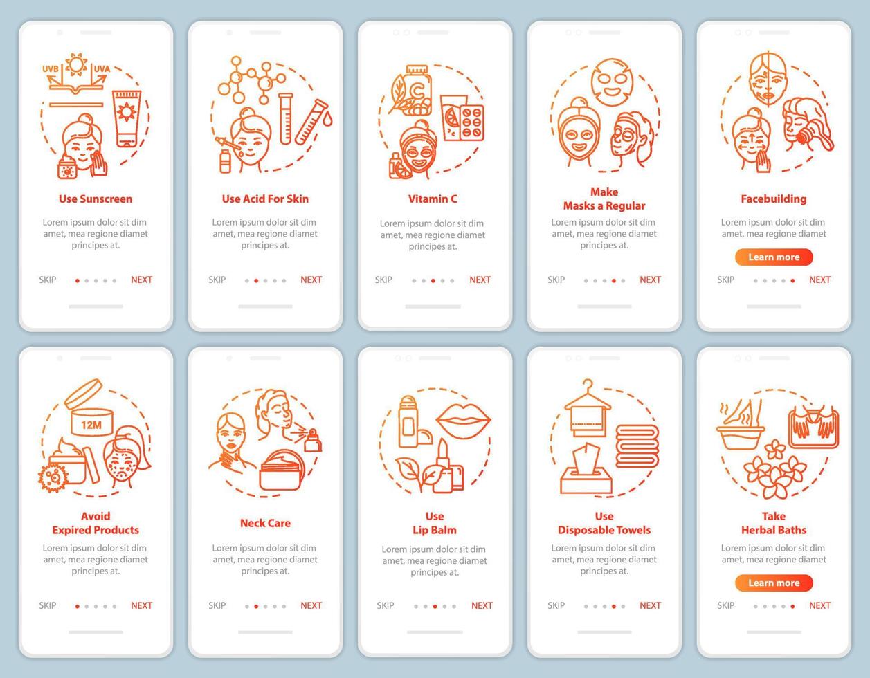 Skicare onboarding mobile app page screen with concepts. Cosmetic products. Dermatology and cosmetology walkthrough 5 steps graphic instructions. UI vector template with RGB color illustrations