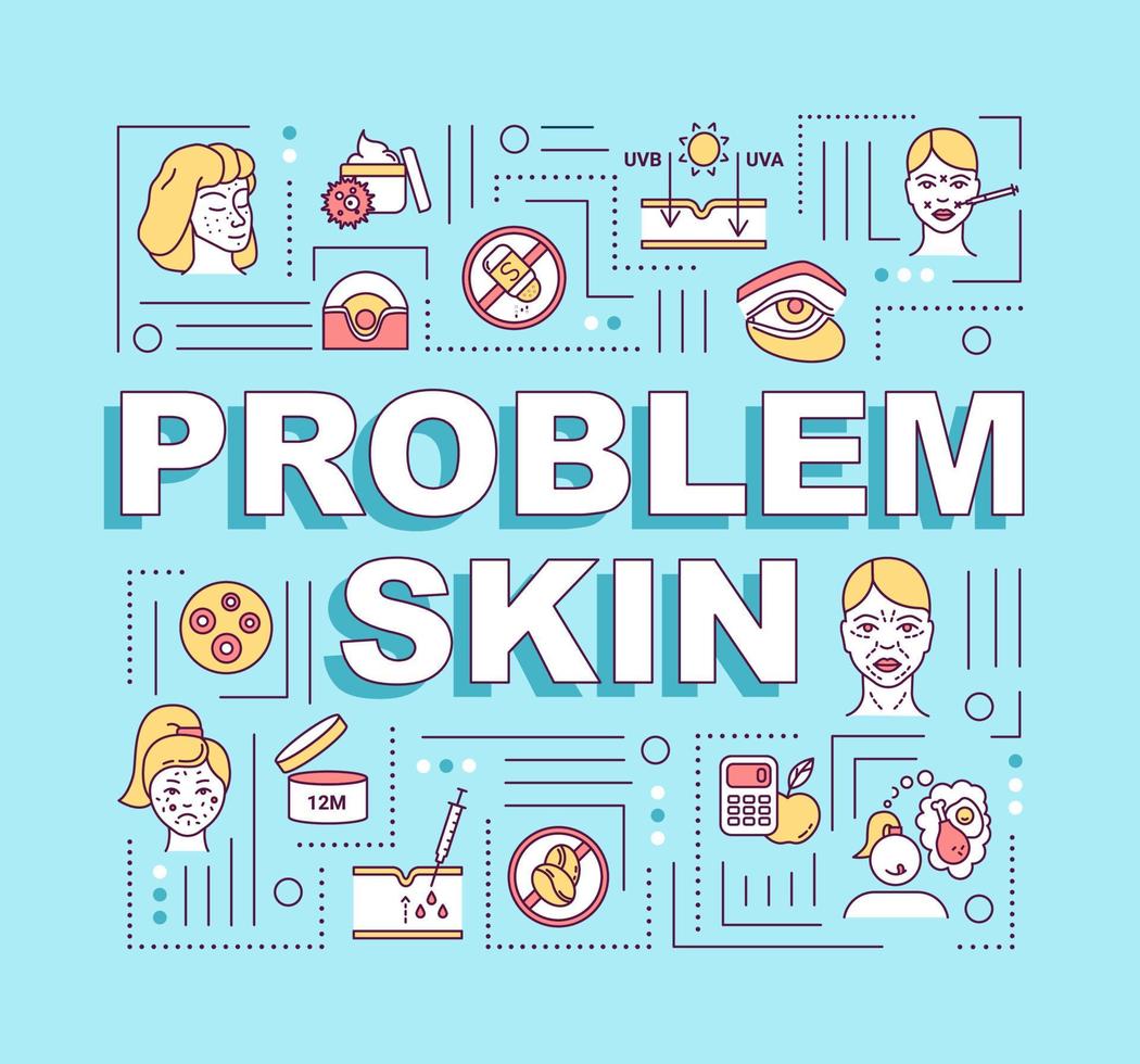 Problem skin word concepts banner. Cosmetology and dermatology. Beauty correction. Infographics with linear icons on blue background. Isolated typography. Vector outline RGB color illustration