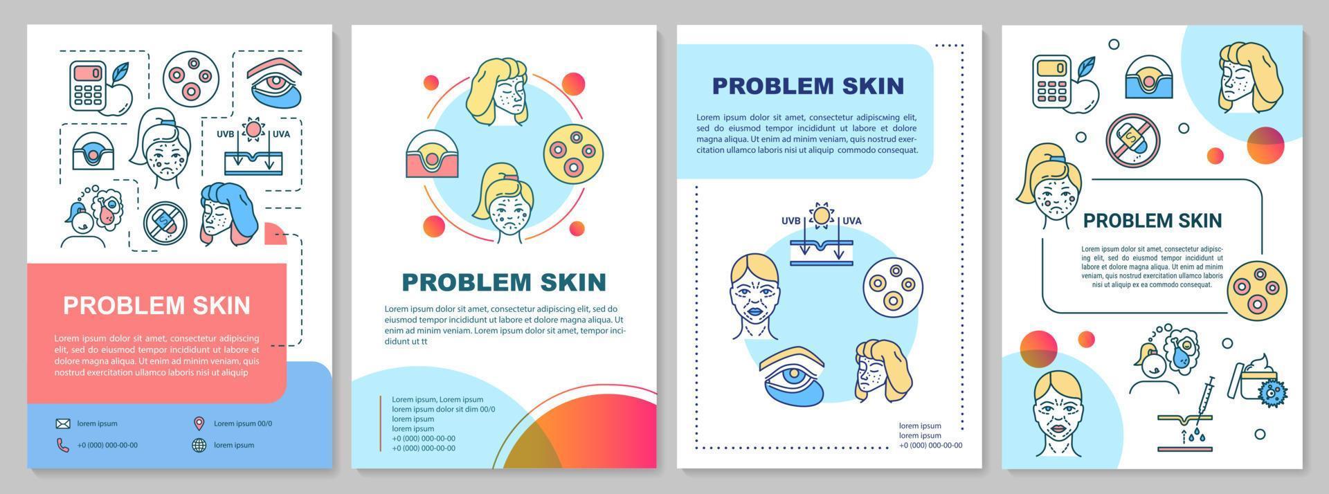 Problem skin, acne and pigmentation brochure template. Flyer, booklet, leaflet print, cover design with linear icons. Vector layouts for magazines, annual reports, advertising posters