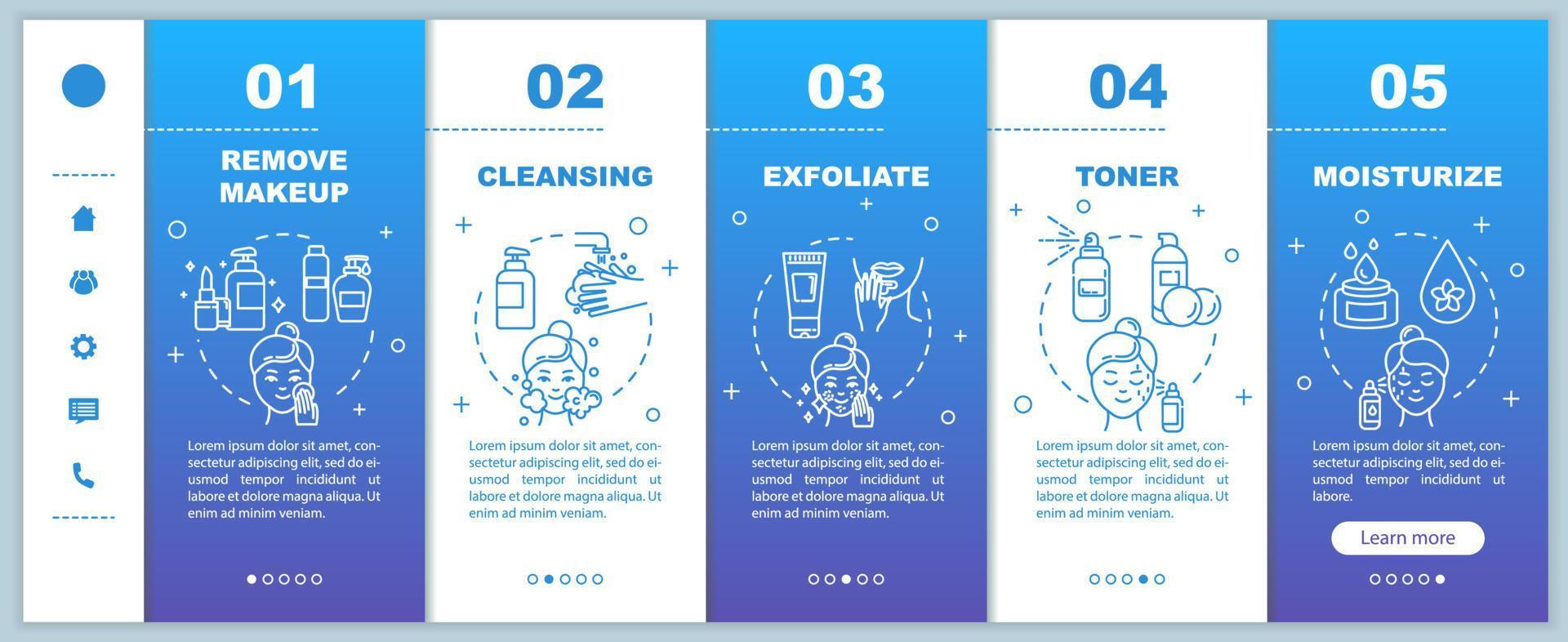 Skincare onboarding vector template. Remove makeup. Cleansing, exfoliating. Toner and moisturizer. Responsive mobile website with icons. Webpage walkthrough step screens. RGB color concept