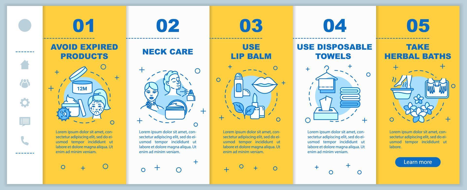 Skincare onboarding vector template. Avoid expired products. Neck, lip care. Disposable towels, herbal baths. Responsive mobile website with icons. Webpage walkthrough step screens. RGB color concept