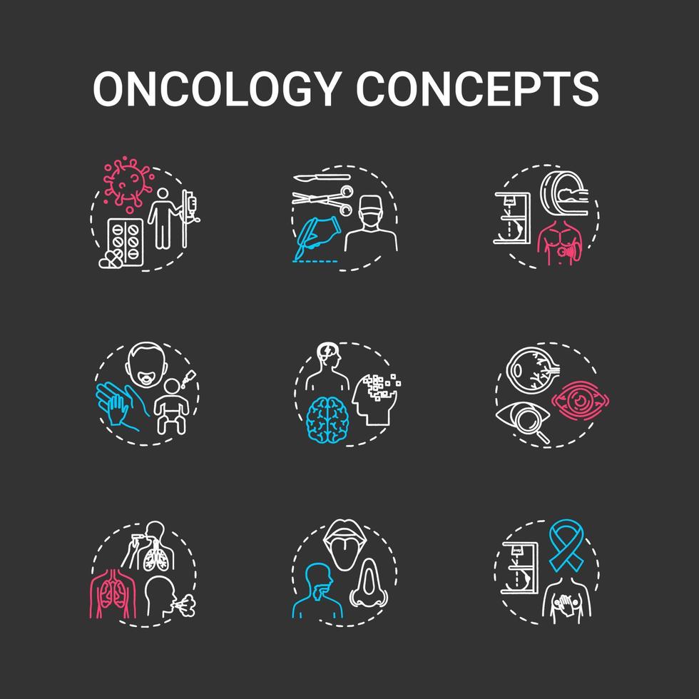 Conjunto de iconos de concepto de color rgb de tiza de oncología. tipos de enfermedades cancerosas y tratamiento. medicación del tumor. idea sanitaria. ilustraciones de pizarra aisladas de vectores sobre fondo negro