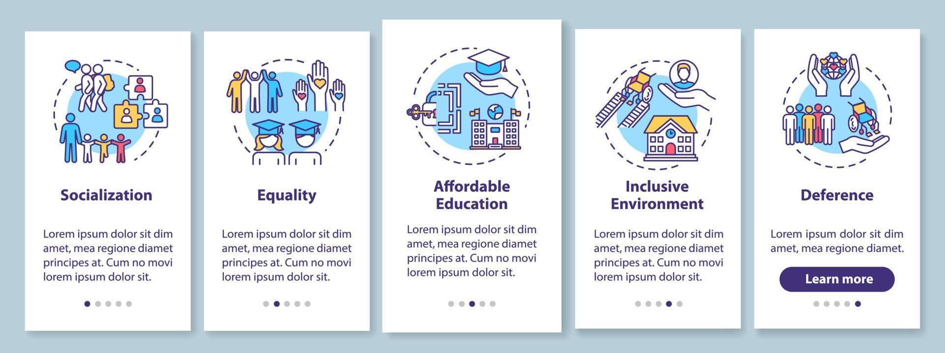 Inclusive education onboarding mobile app page screen with concepts. Special conditions for the disabled walkthrough five steps graphic instructions. UI vector template with RGB color illustrations
