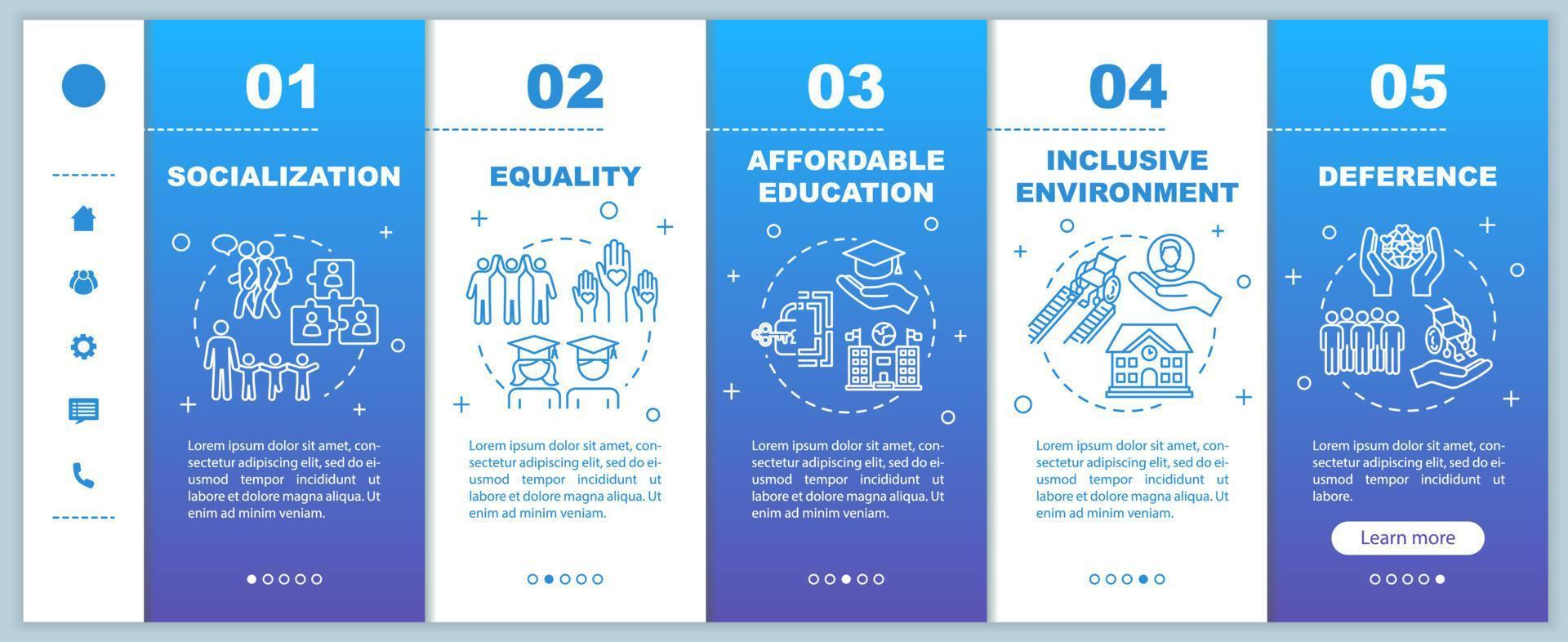 Inclusive education onboarding vector template. Equality and socialization. Affordable studying. Responsive mobile website with icons. Webpage walkthrough step screens. RGB color concept