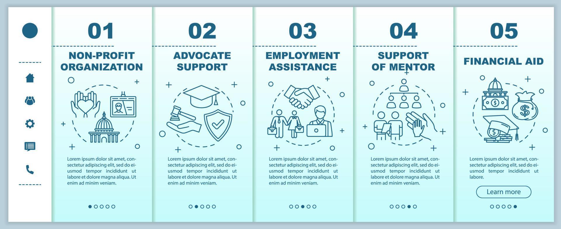 Inclusive education onboarding vector template. Employment assistance. Advocate support. Financial aid. Responsive mobile website with icons. Webpage walkthrough step screens. RGB color concept