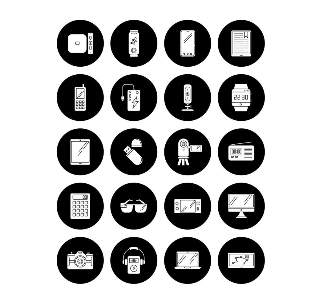 Mobile devices glyph icons set. Handheld small electronic gadgets. Technology. Smartphone, computer. E-readers. Cameras. Pocket digital tools. Vector white silhouettes illustrations in black circles