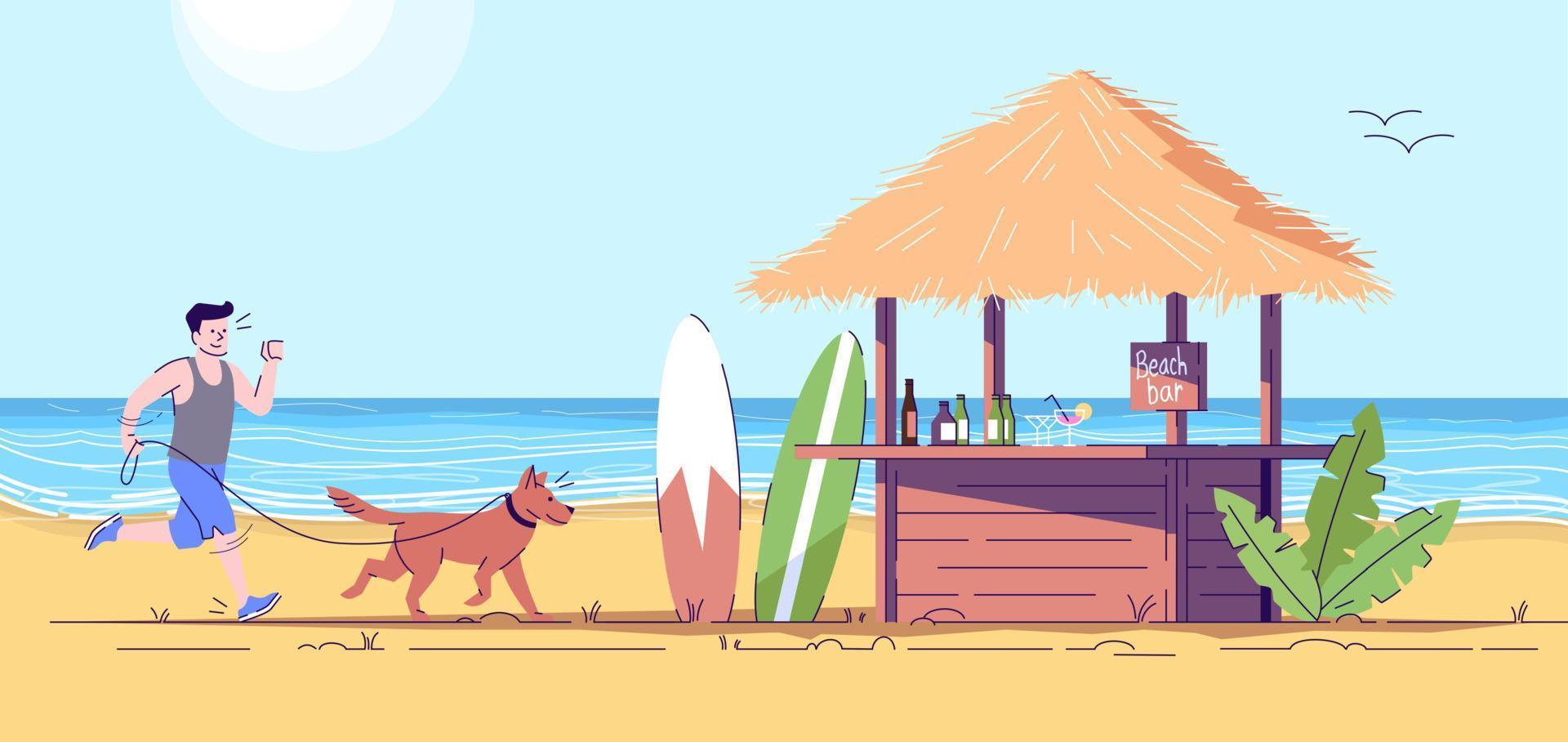 hombre corriendo en la playa con su perro ilustración plana del doodle. chico que pasa junto al bar de la playa con una mascota con correa. corredor en la orilla del mar. Indonesia turismo personaje de dibujos animados 2d con contorno para uso comercial vector