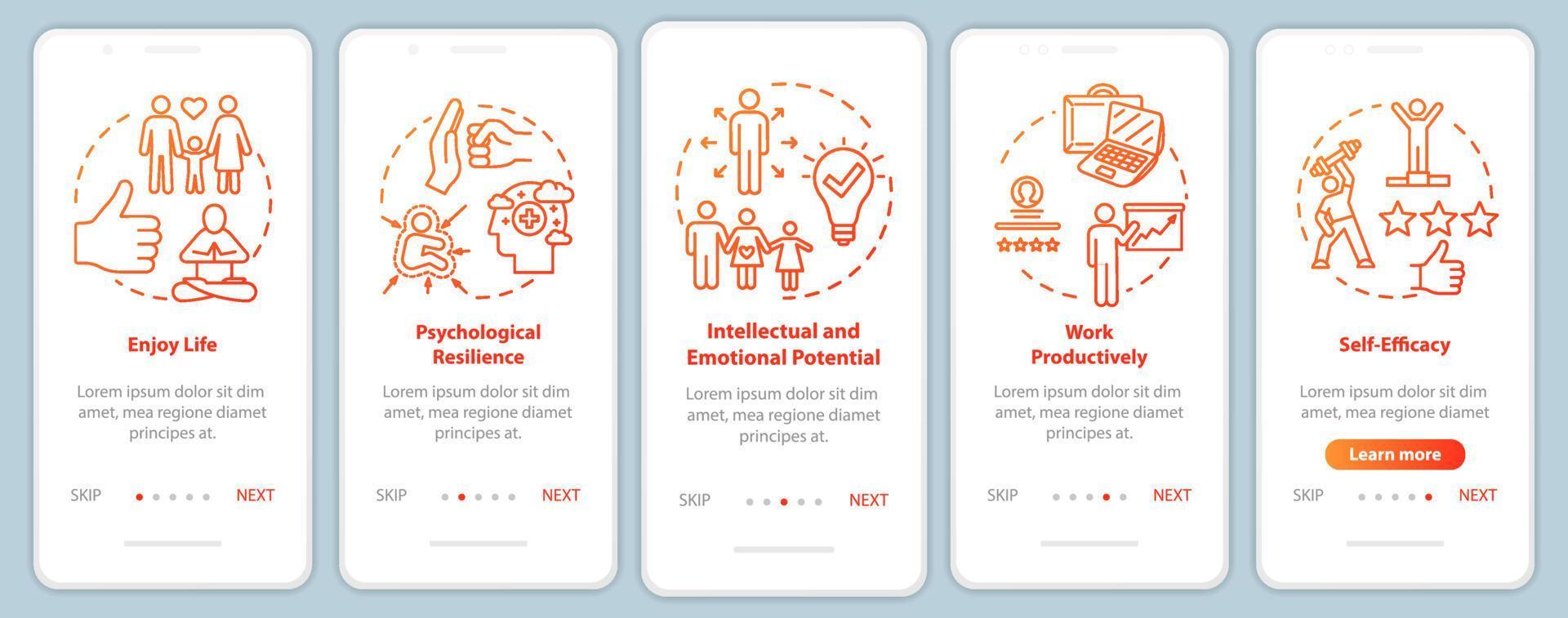 Pantalla de la página de la aplicación móvil de incorporación de salud mental con conceptos. disfruta la vida. tutorial de bienestar psicológico instrucciones gráficas de cinco pasos. plantilla de vector de interfaz de usuario con ilustraciones en color rgb