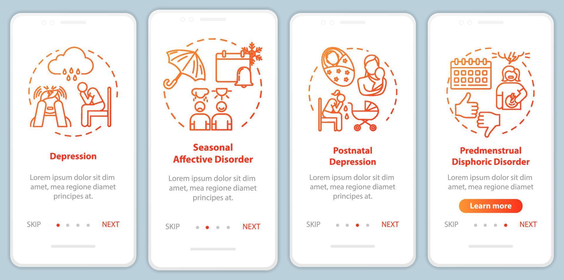 Mental disorder onboarding mobile app page screen with concepts. Seasonal depression. Psychological problem walkthrough four steps graphic instructions. UI vector template with RGB color illustrations