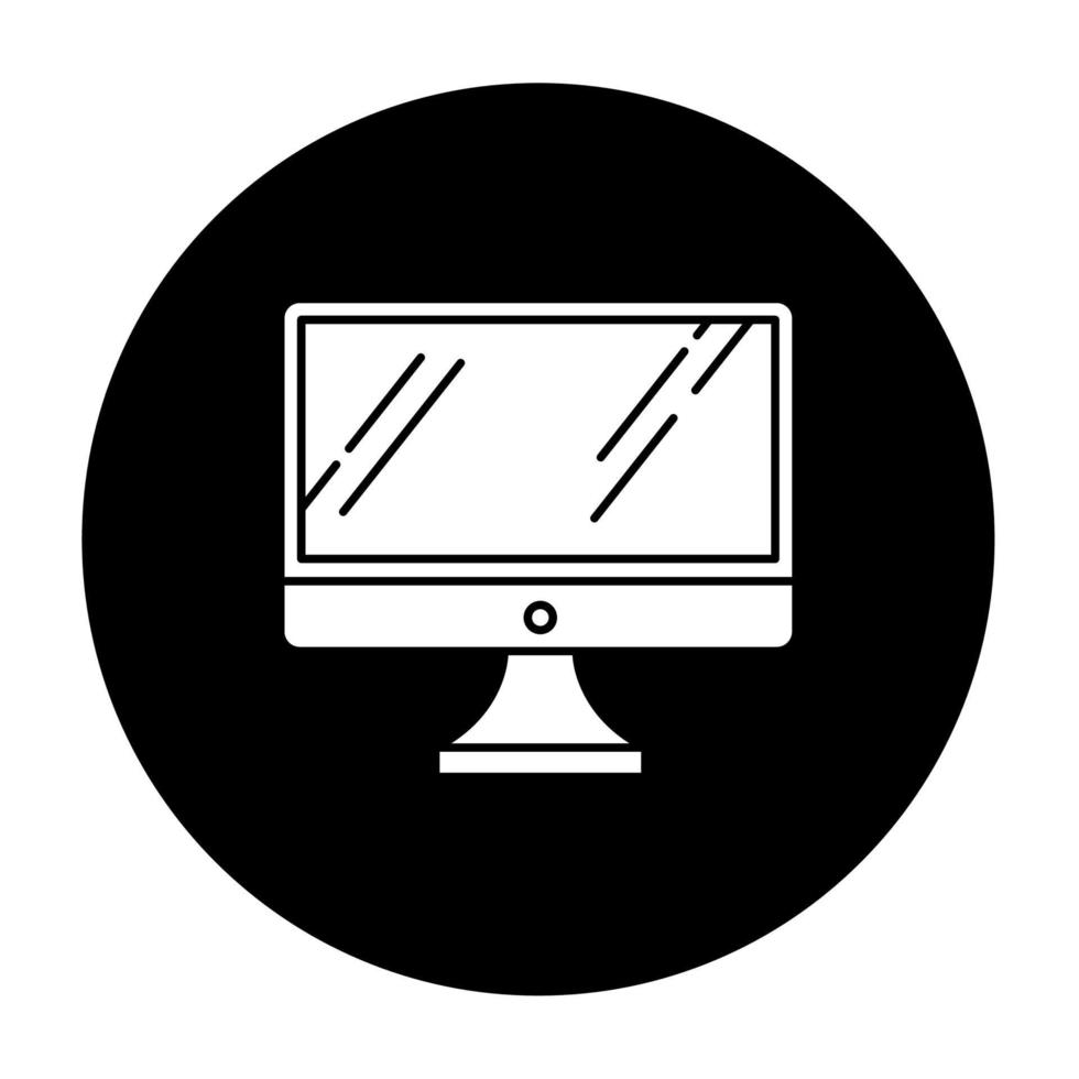 Desktop computer monitor glyph icon. Regular personal computer. Display, screen. Electronic gadget. Digital device. Technology. Vector white silhouette illustration in black circle