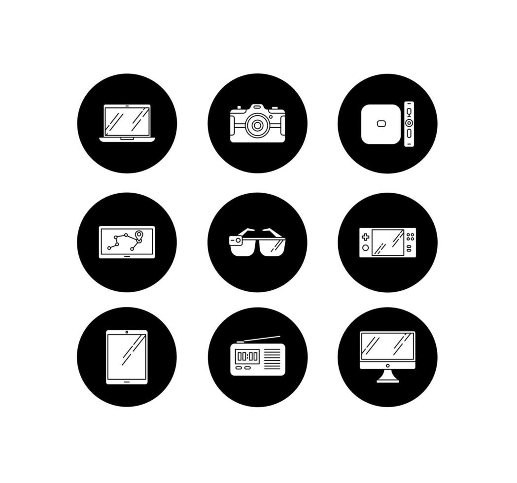 Mobile devices glyph icons set. Pocket gadgets. Smart technology. Tablet, computer. Navigator, smartglasses, radio set. Compact digital tools. Vector white silhouettes illustrations in black circles