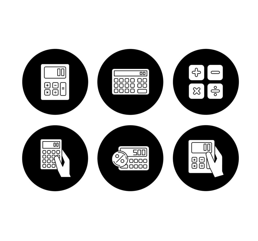 Pocket calculators glyph icons set. Mathematical calculation. Quick counting. Small electronic gadgets. Accounting. Technology. Mobile devices. Vector white silhouettes illustrations in black circles