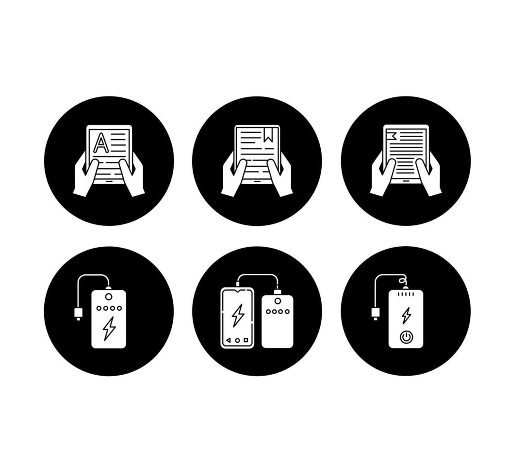 Conjunto de iconos de glifos de dispositivos electrónicos portátiles. Banco de energía. batería portátil. dispositivo de carga de bolsillo. manos sosteniendo lectores electrónicos. lectura digital. ilustraciones de siluetas blancas vectoriales en círculos negros vector