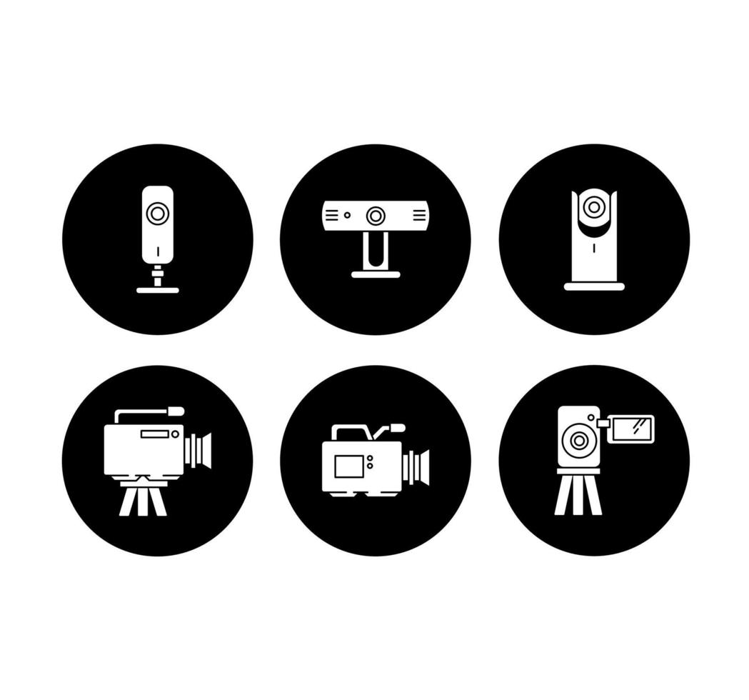 Webcams glyph icons set. Digital video cameras. Online chatting. Surveillance. Portable recording gadgets. Technology. Mobile devices. Vector white silhouettes illustrations in black circles