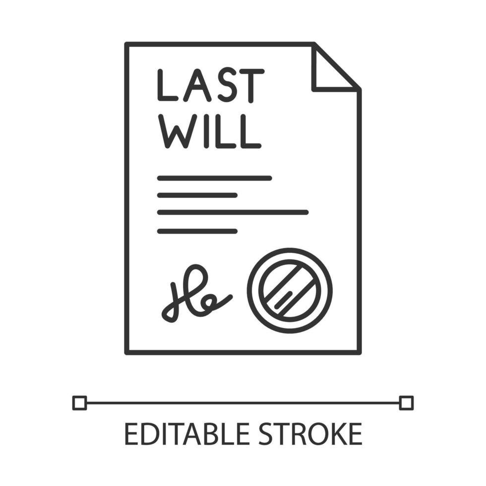 Signed last will pixel perfect linear icon. Document with stamp. Notarized testament. Legal paper. Thin line customizable illustration. Contour symbol. Vector isolated outline drawing. Editable stroke