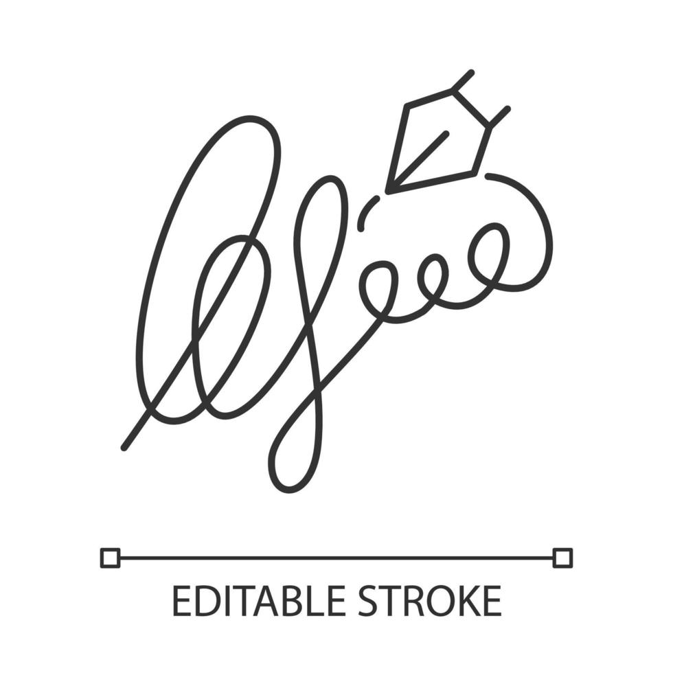 Signature pixel perfect linear icon. Handwriting. Autograph. Proof of identity, consent. Thin line customizable illustration. Contour symbol. Vector isolated outline drawing. Editable stroke