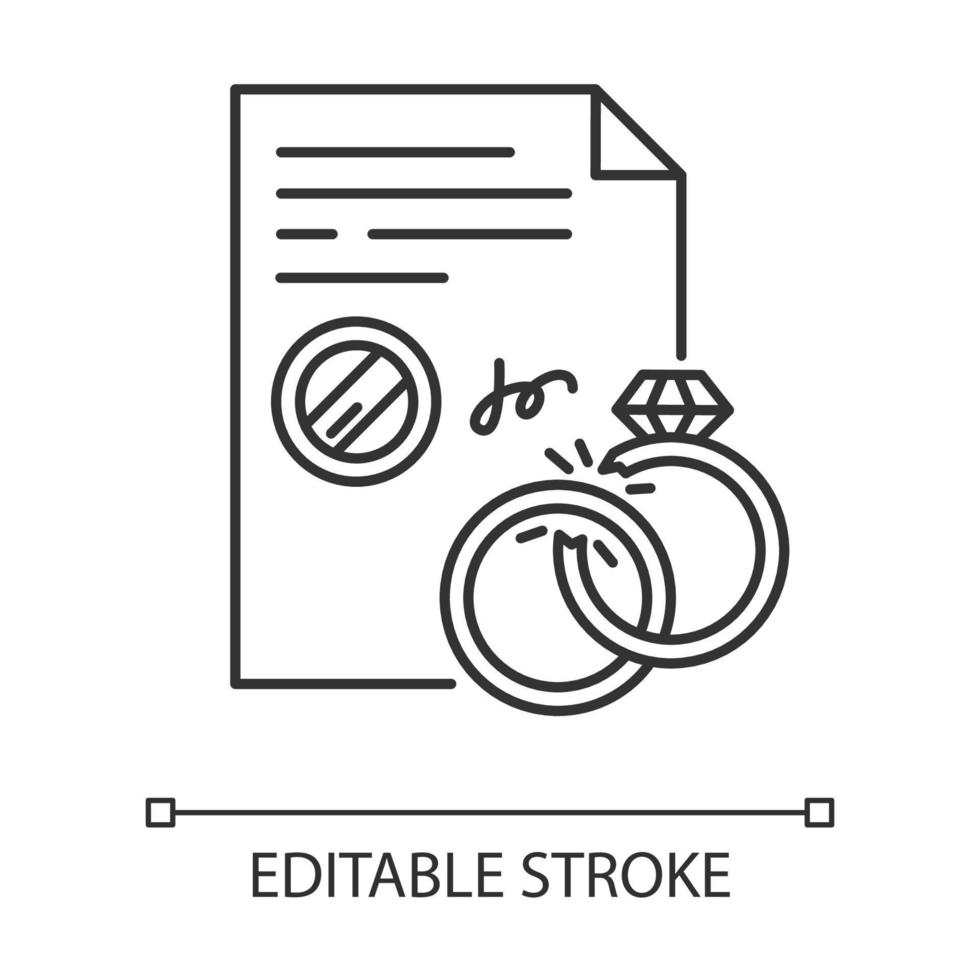 Divorce pixel perfect linear icon. Formal ending of marriage. Legal separation. Breakup. Thin line customizable illustration. Contour symbol. Vector isolated outline drawing. Editable stroke