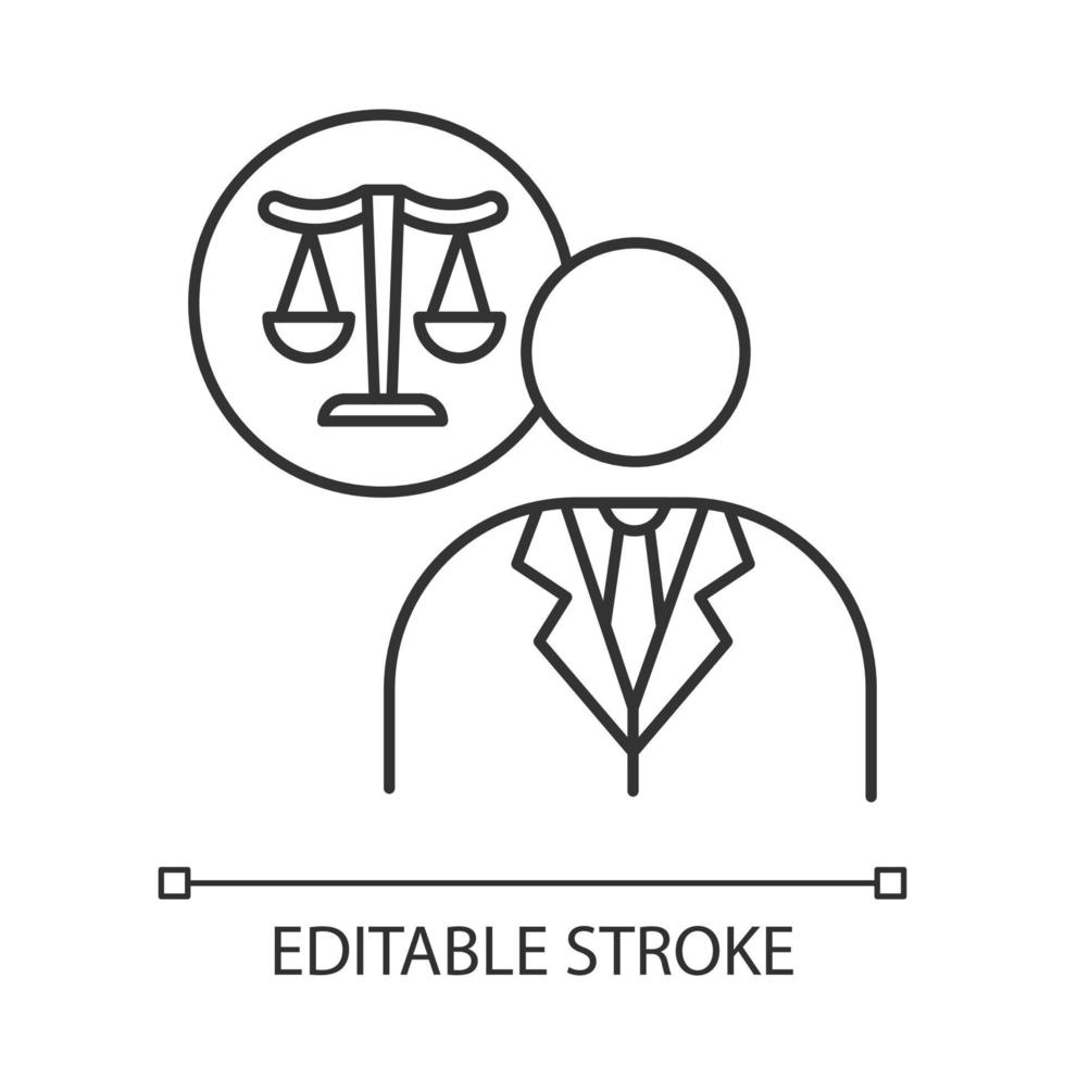 Lawyer pixel perfect linear icon. Attorney. Advocate. Representative. Legal assistance. Thin line customizable illustration. Contour symbol. Vector isolated outline drawing. Editable stroke
