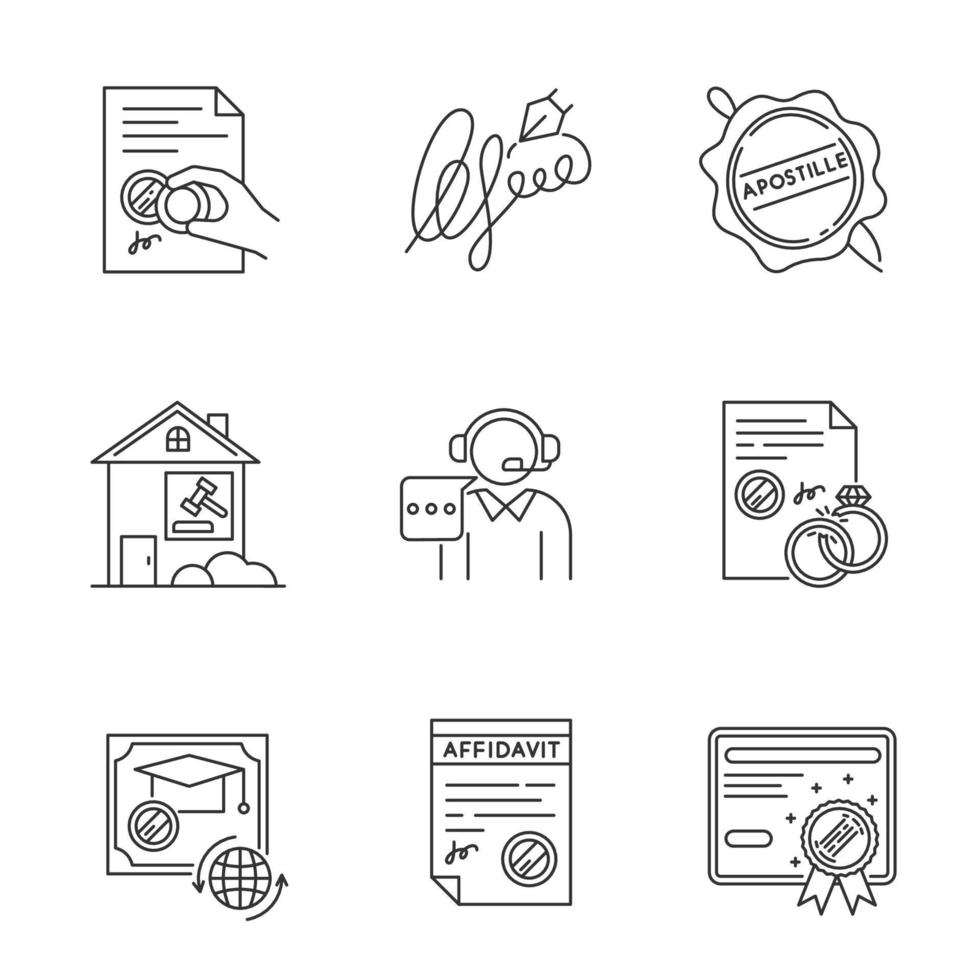 Notary services pixel perfect linear icons set. Certificate. Affidavit. Diploma. Signature. Call center. Customizable thin line contour symbols. Isolated vector outline illustrations. Editable stroke