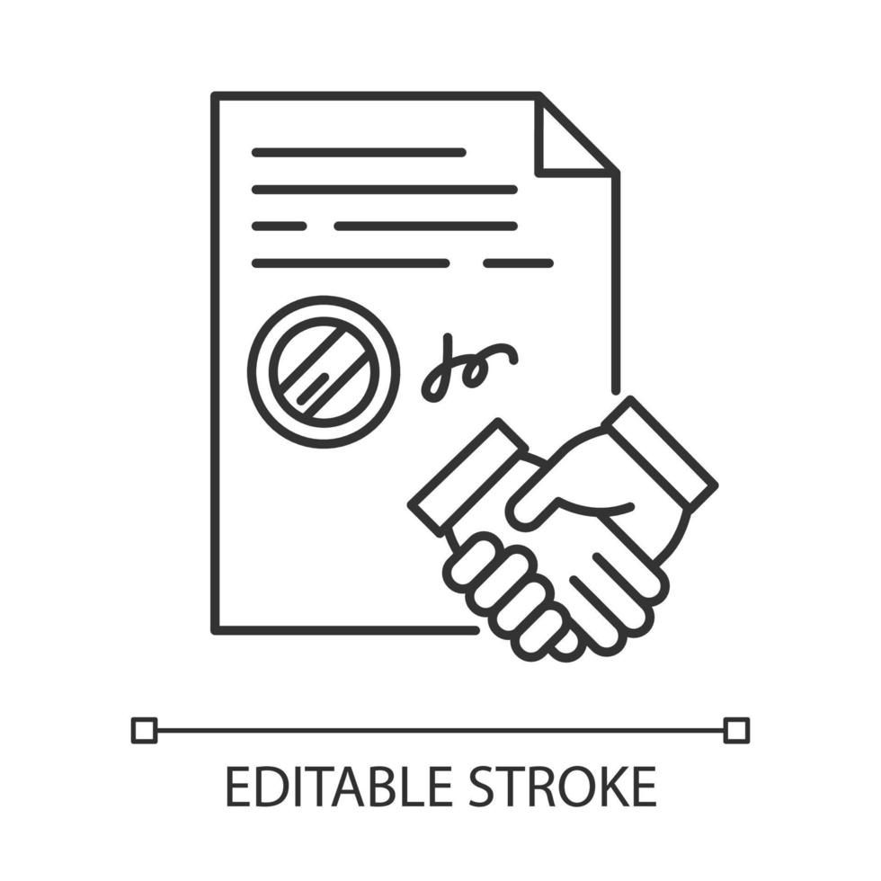 Conclusion of contract pixel perfect linear icon. Legal agreement. Business deal. Partnership. Thin line customizable illustration. Contour symbol. Vector isolated outline drawing. Editable stroke