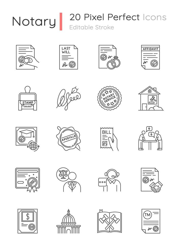 Notary services pixel perfect linear icons set. Apostille and legalization. Legal documents. Stamps. Customizable thin line contour symbols. Isolated vector outline illustrations. Editable stroke