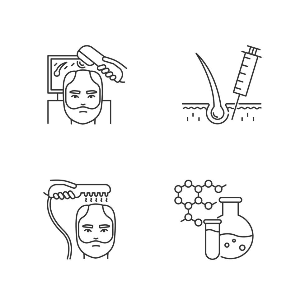 Conjunto de iconos lineales perfectos de píxeles de pérdida de cabello. terapia con láser. inyección médica para la alopecia. símbolos de contorno de línea fina personalizables. ilustraciones de contorno de vector aislado. trazo editable