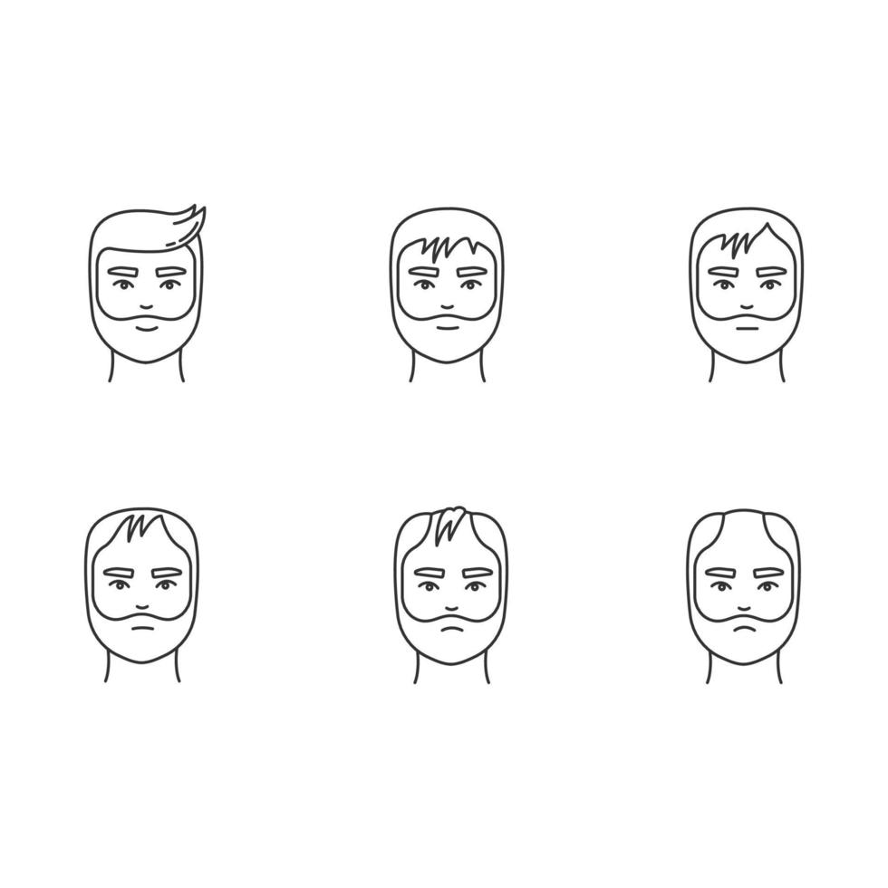 Hair loss pixel perfect linear icons set. Baldness process stages. Male alopecia conditions. Customizable thin line contour symbols. Isolated vector outline illustrations. Editable stroke