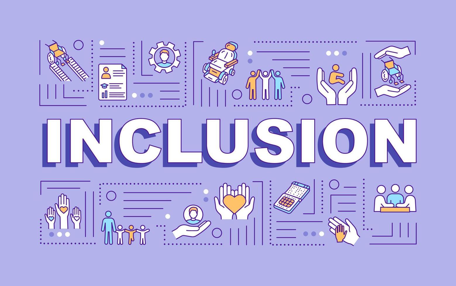 Inclusion word concepts banner. Handicapped people. Disabilities aid. Infographics with linear icons on purple background. Isolated typography. Vector outline RGB color illustration