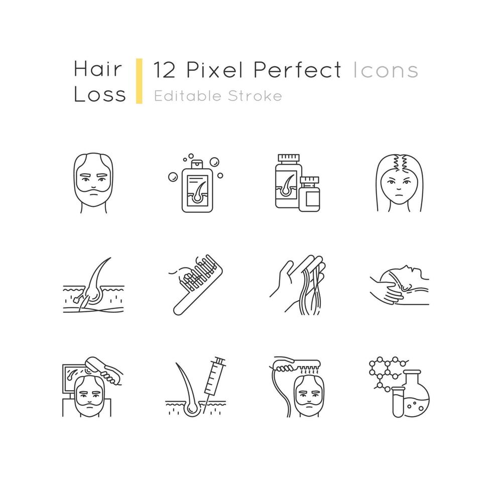 Hair loss pixel perfect linear icons set. Hair roots. Alopecia treatment. Hair strands on hand and comd. Customizable thin line contour symbols. Isolated vector outline illustrations. Editable stroke