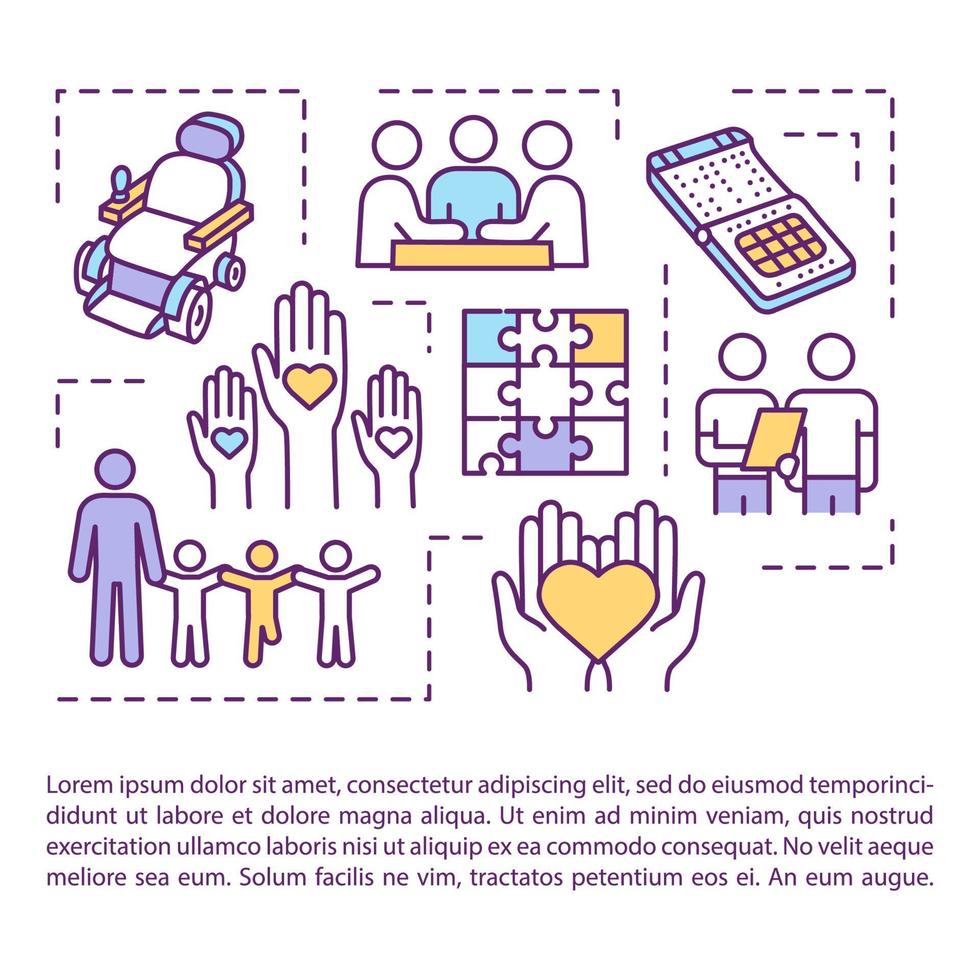 Inclusion concept icon with text. Equal access to education, medicine for disabled. Charity programs. PPT page vector template. Brochure, magazine, booklet design element with linear illustrations