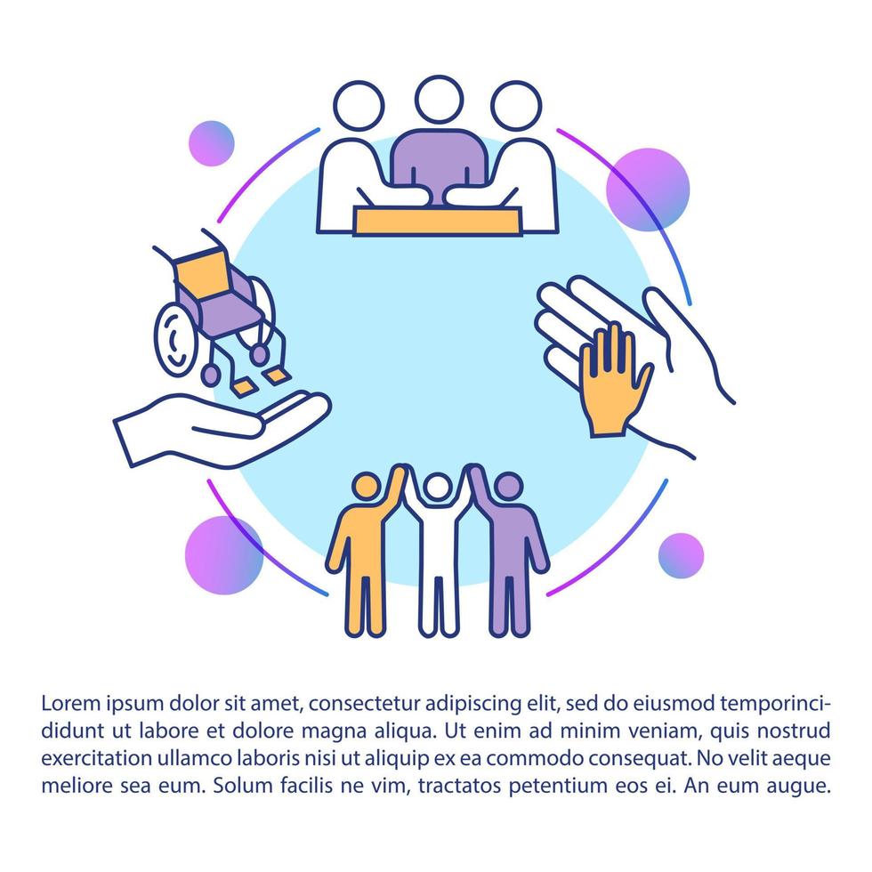 Inclusion concept icon with text. Disabled children aid and support. Care for invalids. PPT page vector template. Brochure, magazine, booklet design element with linear illustrations