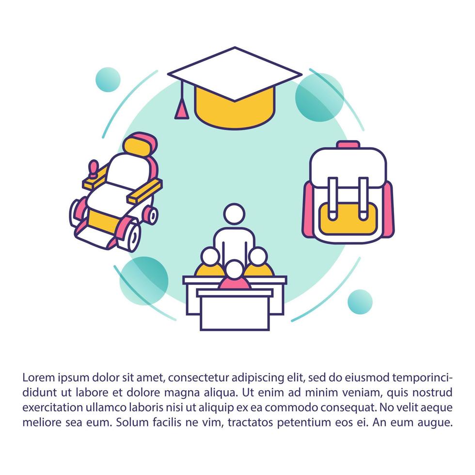 icono del concepto de educación inclusiva con texto. igualdad de acceso a la educación para los niños con discapacidad. plantilla de vector de página ppt. folleto, revista, elemento de diseño de folleto con ilustraciones lineales