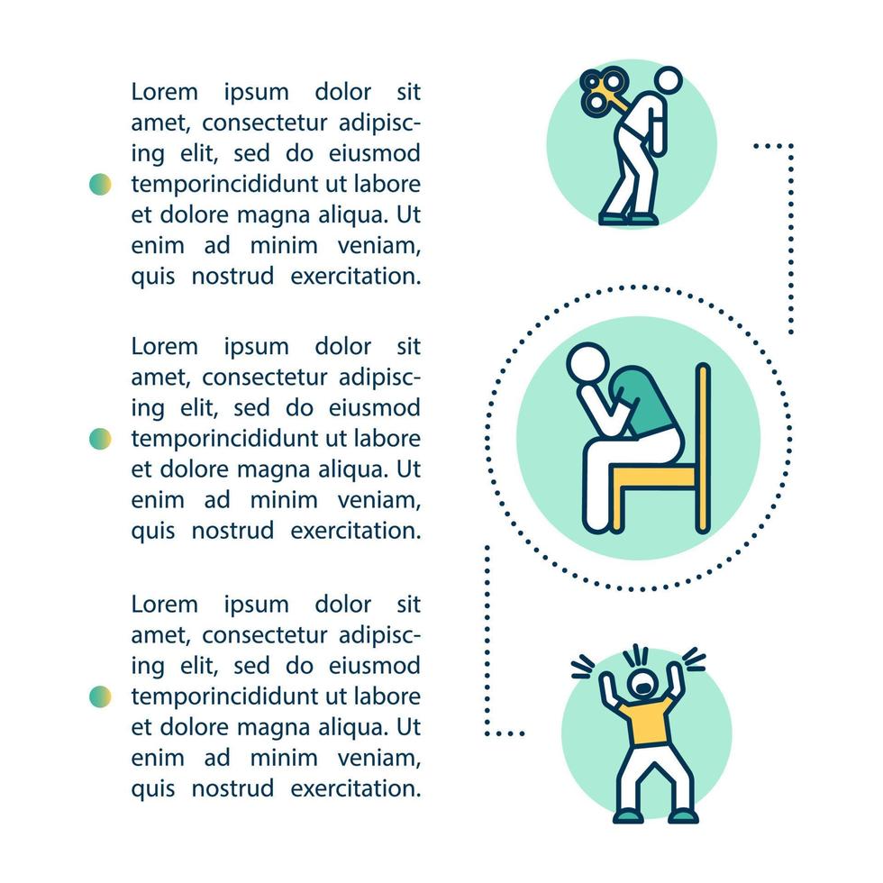 Mental illness symptoms concept icon with text. Psychological disorders. Sadness, depression. PPT page vector template. Brochure, magazine, booklet design element with linear illustrations