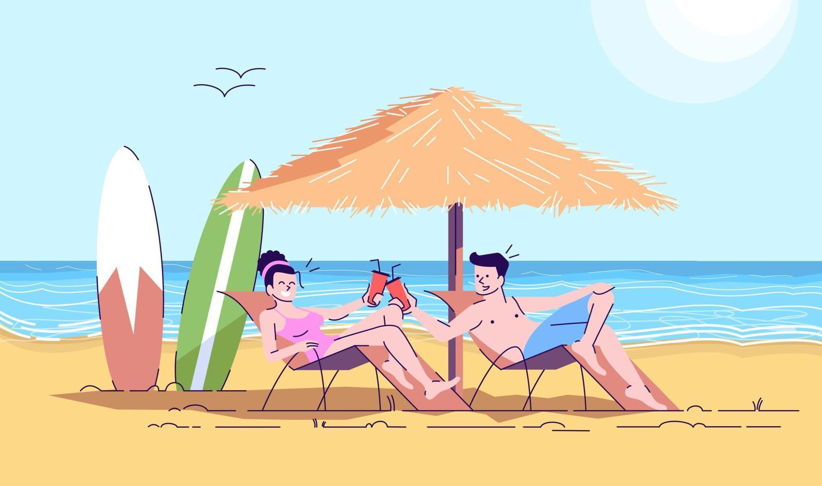 pareja de surfistas en la playa ilustración plana del doodle. hombre y mujer en tumbonas tomando bebidas en la playa. vacaciones de verano. Indonesia turismo personaje de dibujos animados 2d con contorno para uso comercial vector