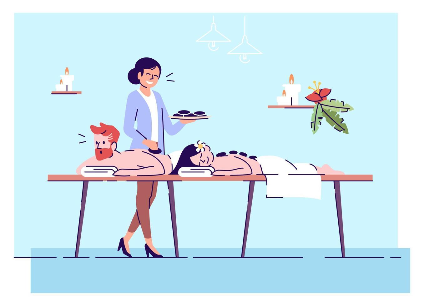 Couple on hot stone massage flat doodle illustration. Spa procedure. Massage service. Ancient practice. Relaxation. Indonesia tourism 2D cartoon character with outline for commercial use vector
