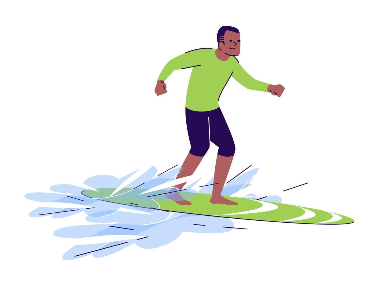 Ilustración de doodle plano de hombre de surf. chico afroamericano en tabla de surf. deportes acuáticos extremos. vacaciones en un país exótico. Indonesia turismo personaje de dibujos animados 2d con contorno para uso comercial vector